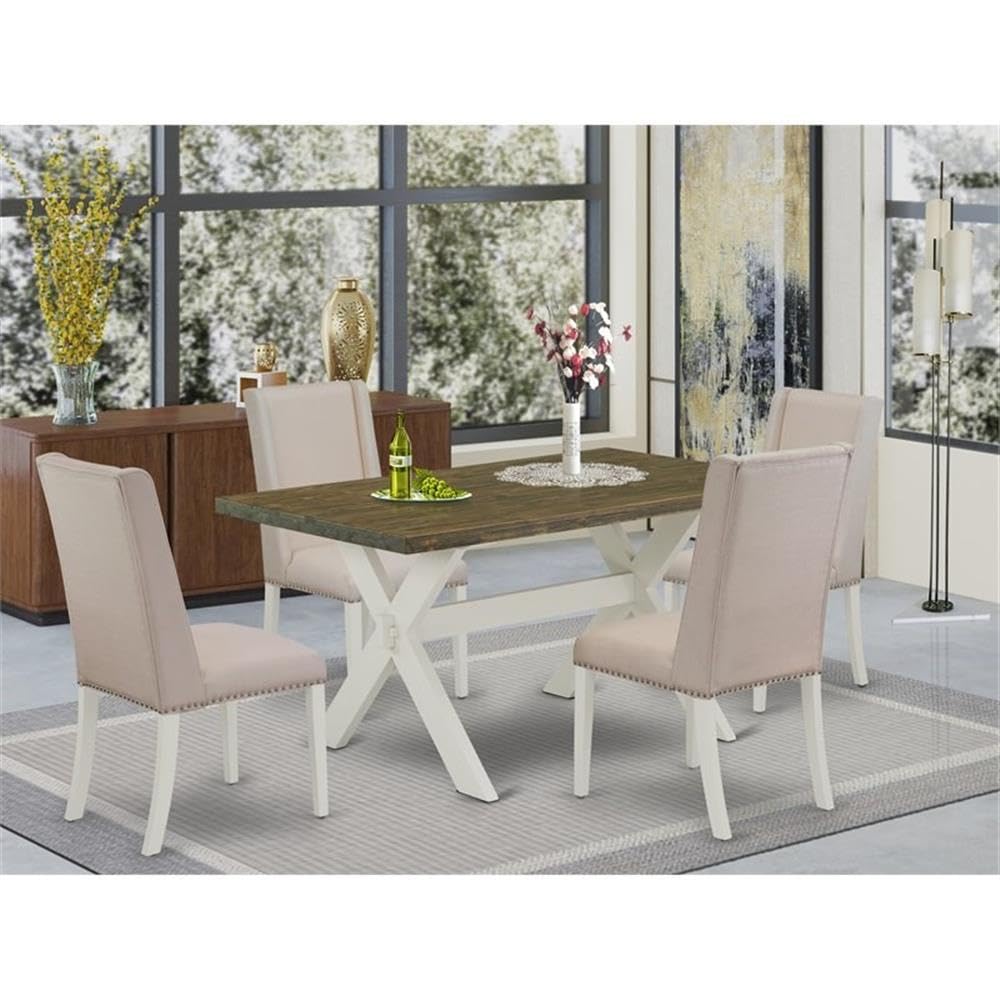 East West Furniture X076Fl201-5 5 Piece Kitchen Table Set For 4 Includes A Rectangle Dining Table With X-Legs And 4 Cream Linen Fabric Parson Dining Room Chairs, 36X60 Inch, Multi-Color